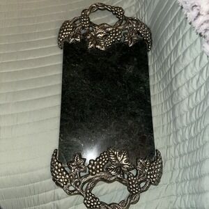 VTG Godinger Silver Green Marble Grape Vine Handled Cutting Board Serving Tray